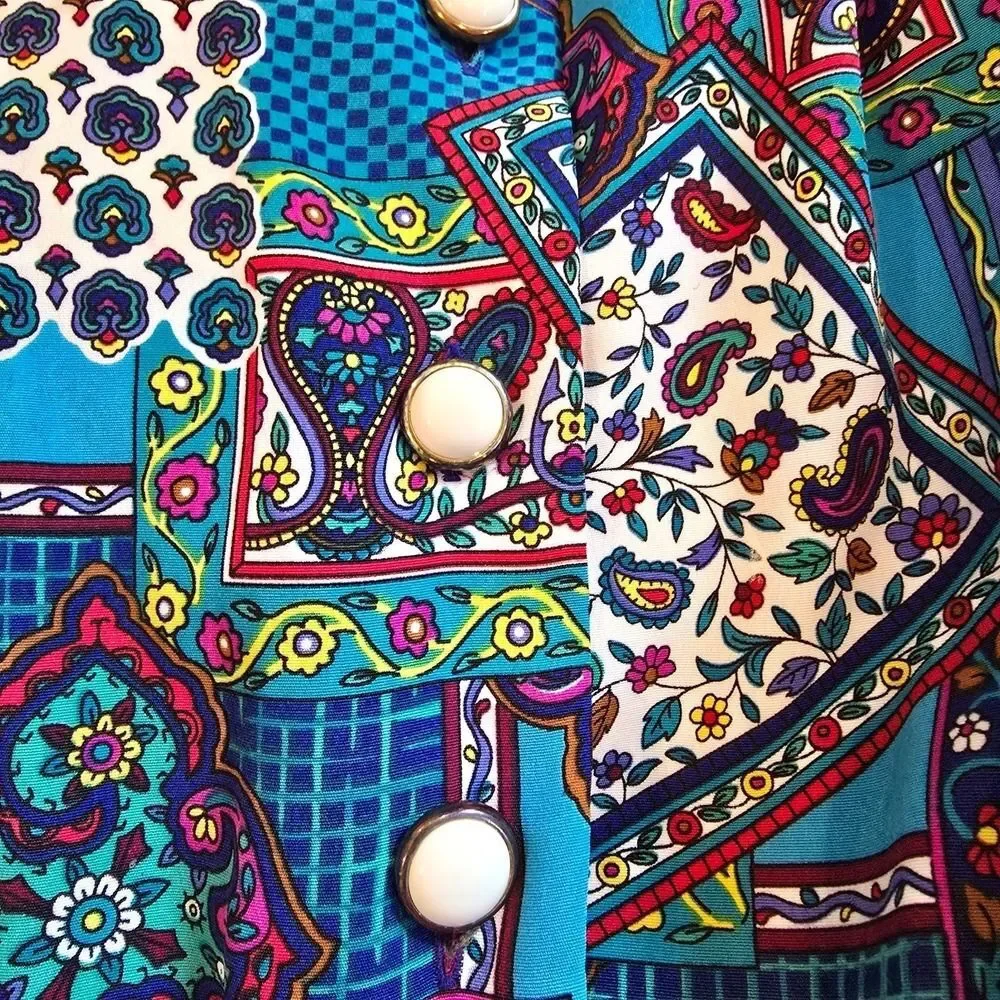 Vintage 80s Schrader Petite Dress Womens 14P Paisley Patchwork Shirtdress Midi